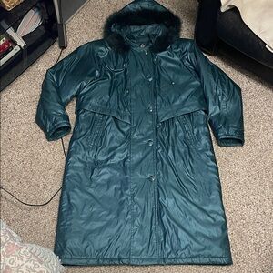 Vintage 90s real fox fur hood trim long Women's Teal puffer Coat- like new